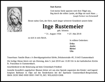 Anzeige von Inge Rustemeier von Kölner Stadt-Anzeiger / Kölnische Rundschau / Express
