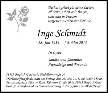Anzeige von Inge Schmidt von Kölner Stadt-Anzeiger / Kölnische Rundschau / Express