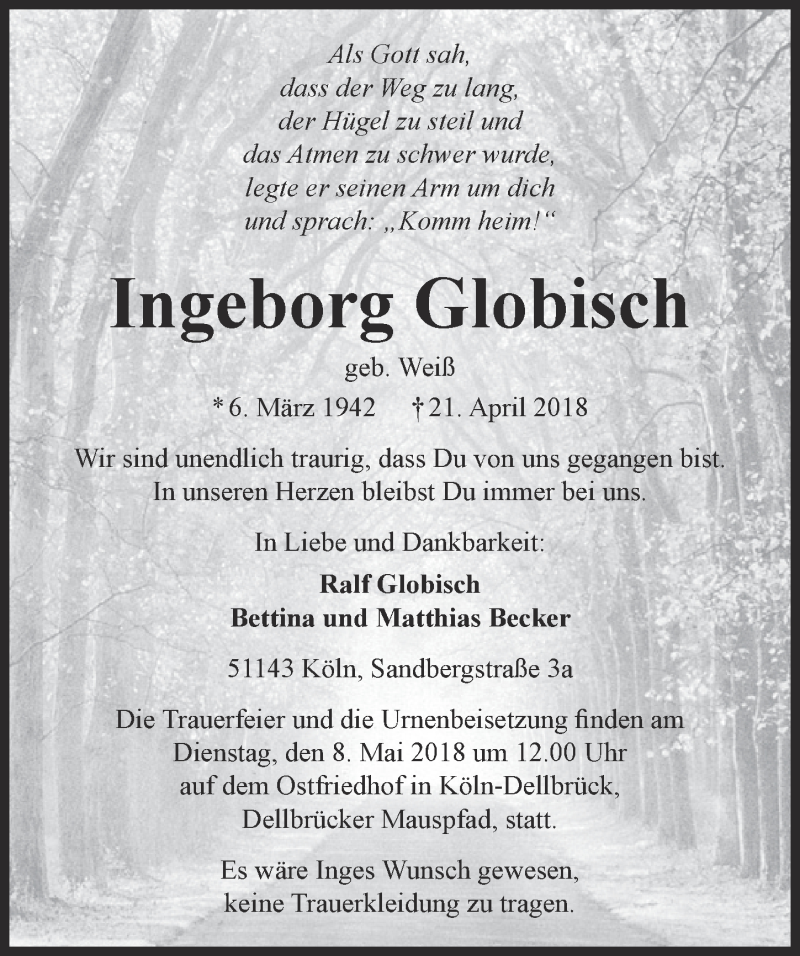  Traueranzeige für Ingeborg Globisch vom 02.05.2018 aus  Kölner Wochenspiegel 