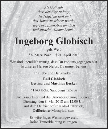 Anzeige von Ingeborg Globisch von  Kölner Wochenspiegel 