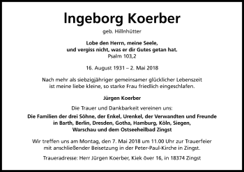 Anzeige von Ingeborg Koerber von Kölner Stadt-Anzeiger / Kölnische Rundschau / Express