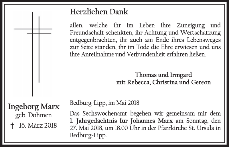  Traueranzeige für Ingeborg Marx vom 19.05.2018 aus  Sonntags-Post 