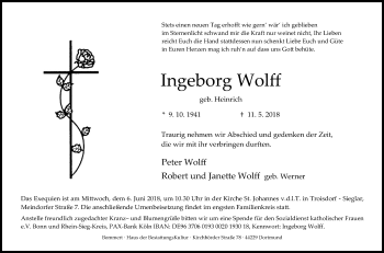 Anzeige von Ingeborg Wolff von Kölner Stadt-Anzeiger / Kölnische Rundschau / Express