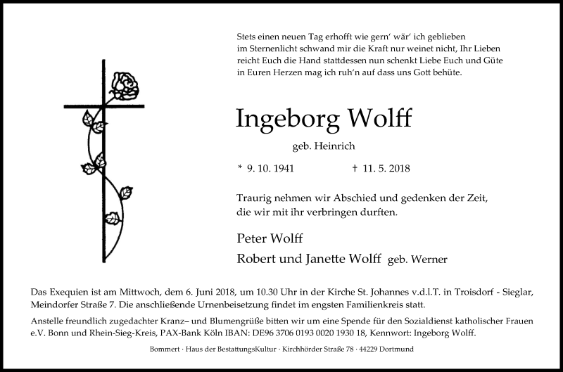  Traueranzeige für Ingeborg Wolff vom 26.05.2018 aus Kölner Stadt-Anzeiger / Kölnische Rundschau / Express
