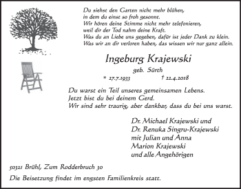 Anzeige von Ingeburg Krajewski von  Schlossbote/Werbekurier 