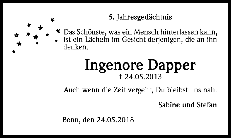  Traueranzeige für Ingenore Dapper vom 24.05.2018 aus Kölner Stadt-Anzeiger / Kölnische Rundschau / Express