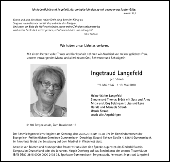 Anzeige von Ingetraud Langefeld von Kölner Stadt-Anzeiger / Kölnische Rundschau / Express
