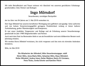 Anzeige von Ingo, Elfriede & Monika Mörsdorf von Kölner Stadt-Anzeiger / Kölnische Rundschau / Express