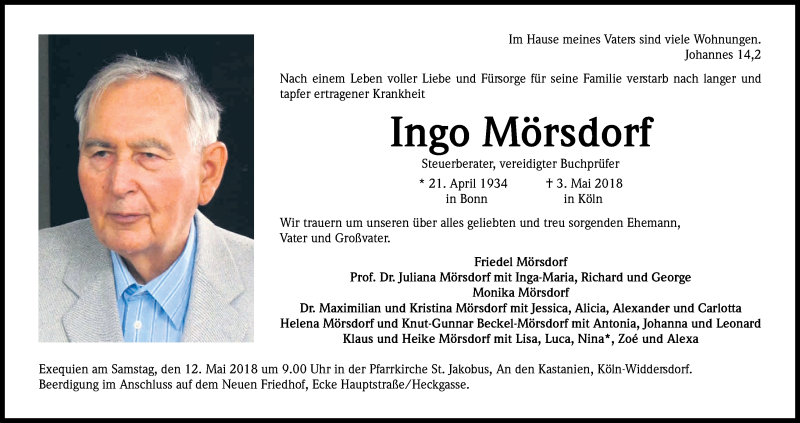  Traueranzeige für Ingo, Elfriede & Monika Mörsdorf vom 09.05.2018 aus Kölner Stadt-Anzeiger / Kölnische Rundschau / Express