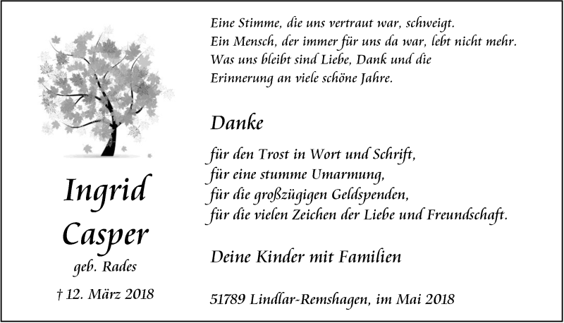  Traueranzeige für Ingrid Casper vom 02.05.2018 aus  Anzeigen Echo 