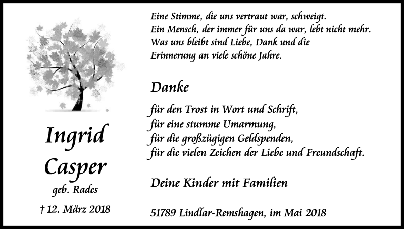  Traueranzeige für Ingrid Casper vom 05.05.2018 aus Kölner Stadt-Anzeiger / Kölnische Rundschau / Express
