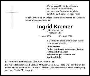 Anzeige von Ingrid Kremer von Kölner Stadt-Anzeiger / Kölnische Rundschau / Express