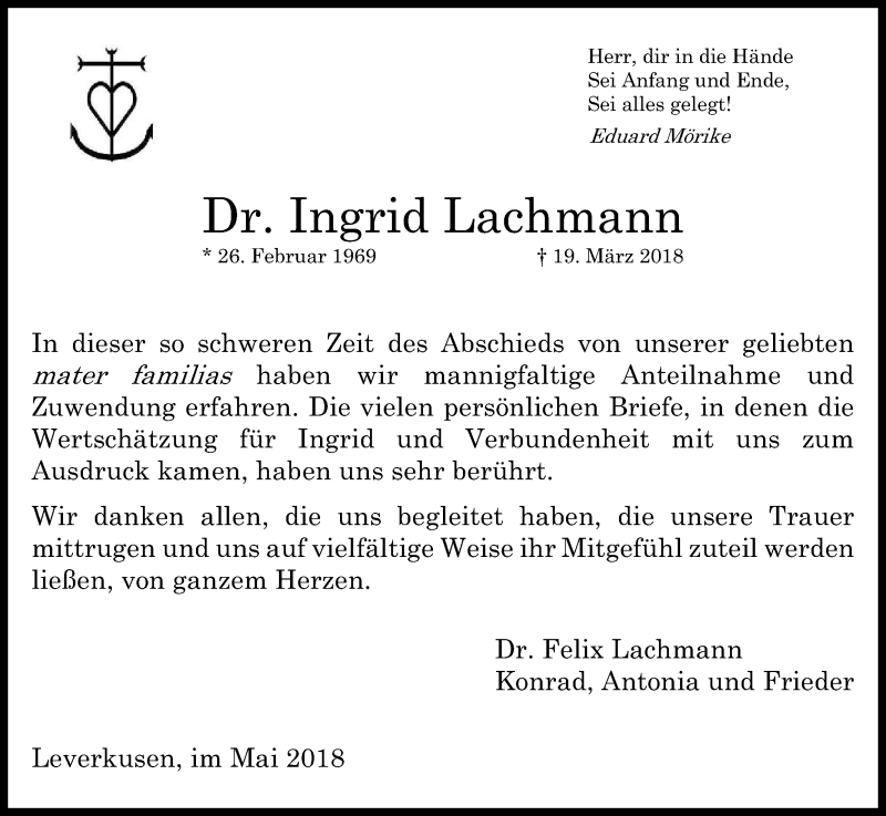  Traueranzeige für Ingrid Lachmann vom 05.05.2018 aus Kölner Stadt-Anzeiger / Kölnische Rundschau / Express