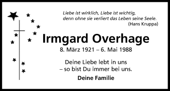 Anzeige von Irmgard Overhage von Kölner Stadt-Anzeiger / Kölnische Rundschau / Express