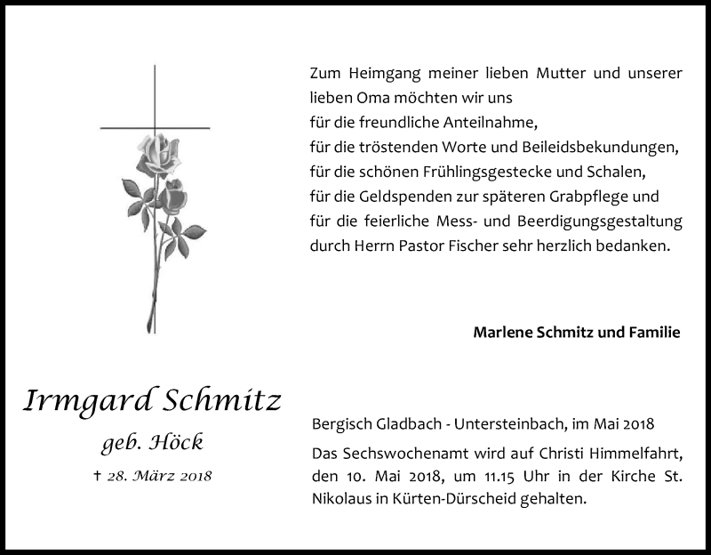  Traueranzeige für Irmgard Schmitz vom 05.05.2018 aus Kölner Stadt-Anzeiger / Kölnische Rundschau / Express