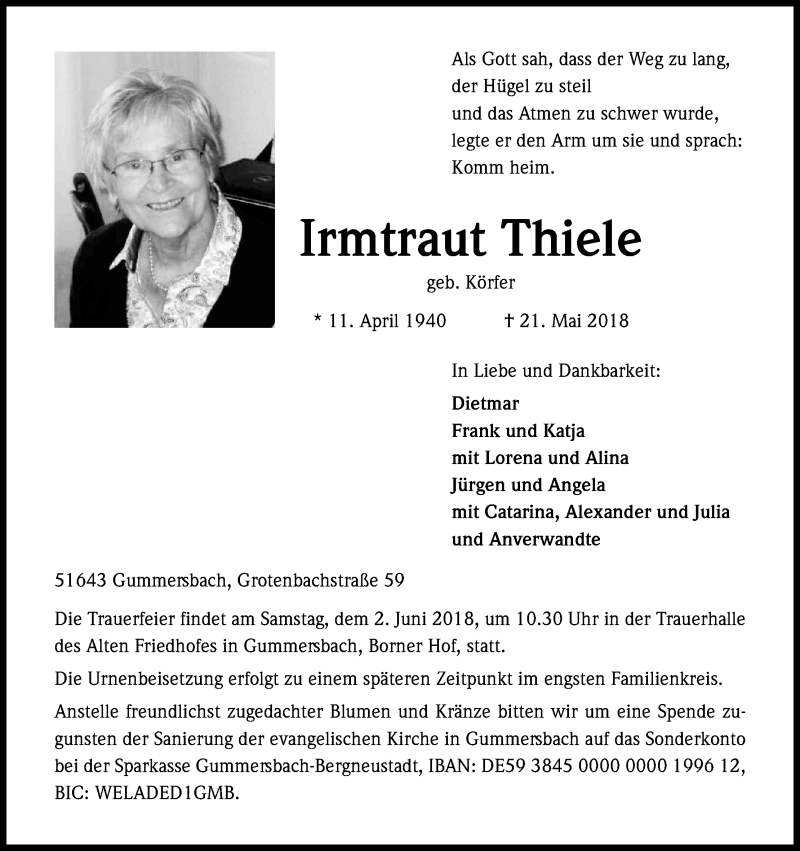 Traueranzeige für Irmtraut Thiele vom 26.05.2018 aus Kölner Stadt-Anzeiger / Kölnische Rundschau / Express