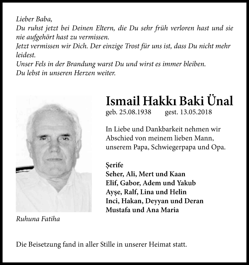  Traueranzeige für Ismail Hakki Baki Ünal vom 26.05.2018 aus Kölner Stadt-Anzeiger / Kölnische Rundschau / Express