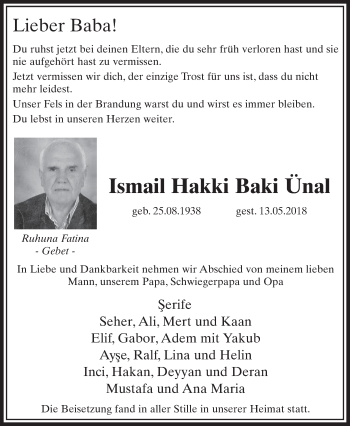 Anzeige von Ismail Hakki Baki Ünal von  Sonntags-Post 