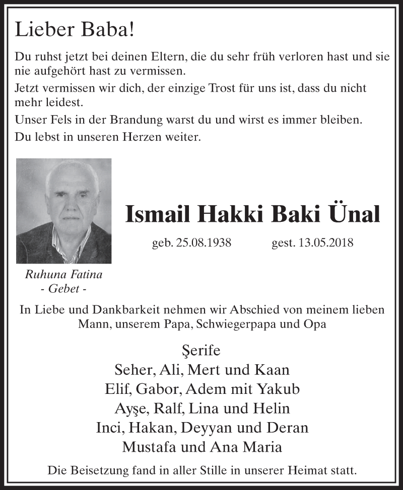  Traueranzeige für Ismail Hakki Baki Ünal vom 26.05.2018 aus  Sonntags-Post 