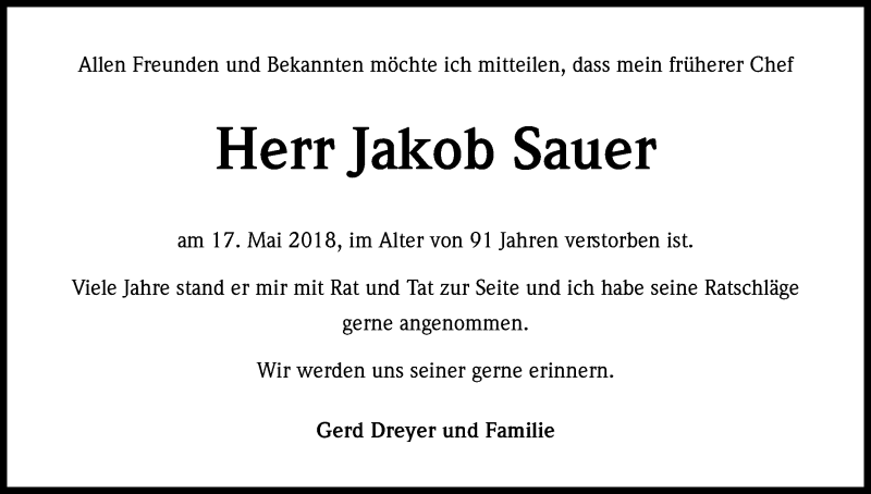  Traueranzeige für Jacob Sauer vom 23.05.2018 aus Kölner Stadt-Anzeiger / Kölnische Rundschau / Express