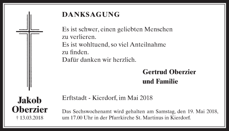  Traueranzeige für Jakob Oberzier vom 09.05.2018 aus  Werbepost 