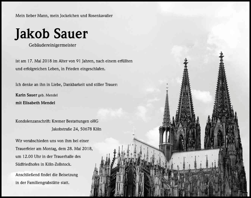  Traueranzeige für Jakob Sauer vom 23.05.2018 aus Kölner Stadt-Anzeiger / Kölnische Rundschau / Express