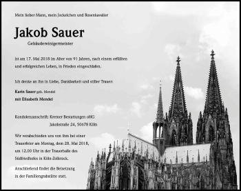 Anzeige von Jakob Sauer von Kölner Stadt-Anzeiger / Kölnische Rundschau / Express