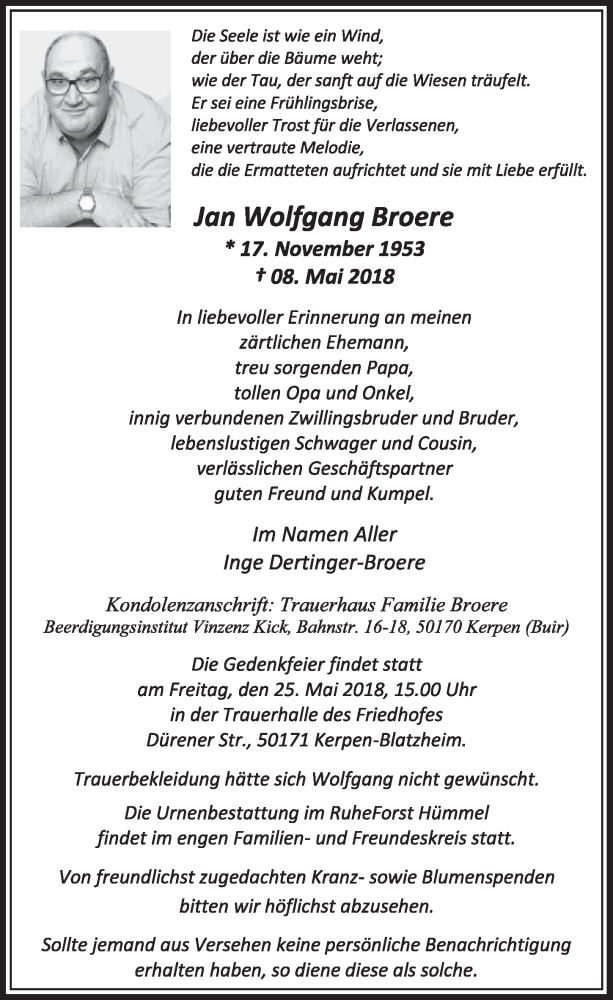  Traueranzeige für Jan Wolfgang Broere vom 19.05.2018 aus  Sonntags-Post 