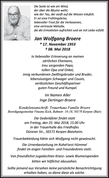 Anzeige von Jan Wolfgang Broere von  Sonntags-Post 