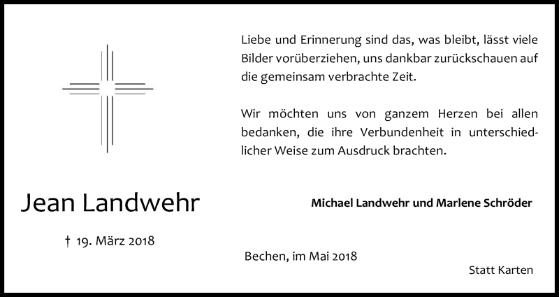 Traueranzeige für Jean Landwehr vom 05.05.2018 aus Kölner Stadt-Anzeiger / Kölnische Rundschau / Express
