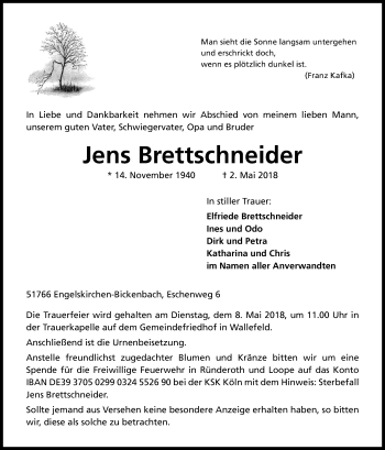 Anzeige von Jens Brettschneider von Kölner Stadt-Anzeiger / Kölnische Rundschau / Express
