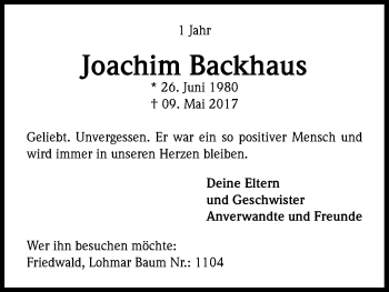 Anzeige von Joachim Backhaus von Kölner Stadt-Anzeiger / Kölnische Rundschau / Express
