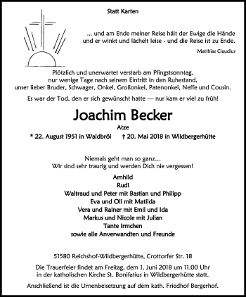 Anzeige von Joachim Becker von Kölner Stadt-Anzeiger / Kölnische Rundschau / Express