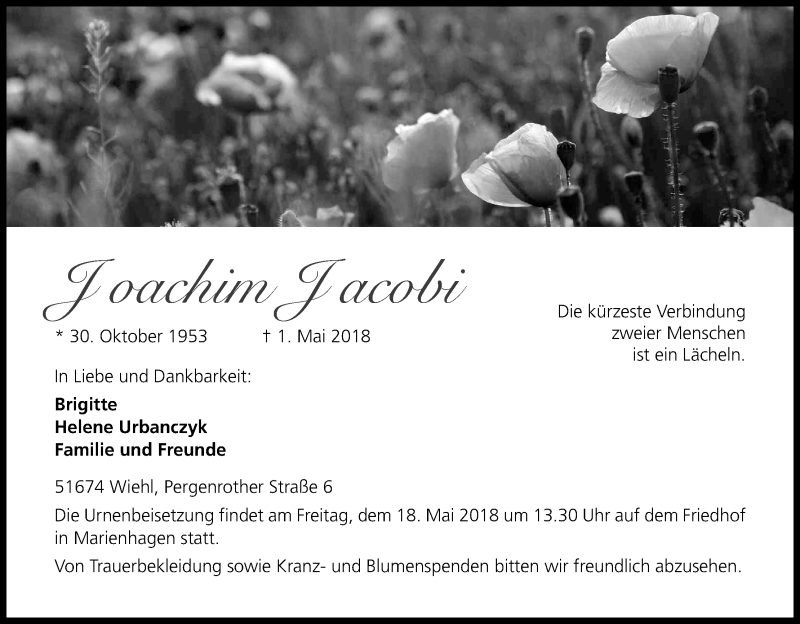  Traueranzeige für Joachim Jacobi vom 16.05.2018 aus Kölner Stadt-Anzeiger / Kölnische Rundschau / Express