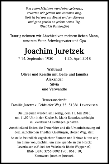 Anzeige von Joachim Juretzek von Kölner Stadt-Anzeiger / Kölnische Rundschau / Express
