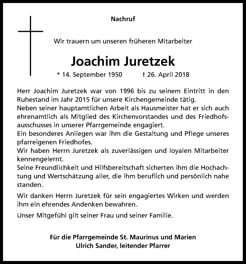  Traueranzeige für Joachim Juretzek vom 12.05.2018 aus Kölner Stadt-Anzeiger / Kölnische Rundschau / Express