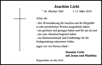 Anzeige von Joachim Licht von Kölner Stadt-Anzeiger / Kölnische Rundschau / Express