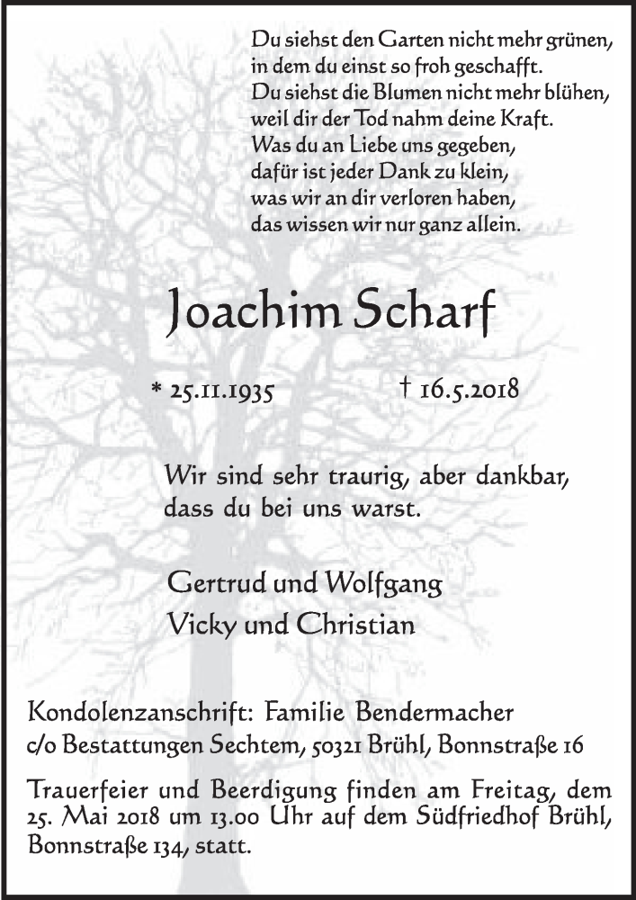  Traueranzeige für Joachim Scharf vom 23.05.2018 aus  Schlossbote/Werbekurier 