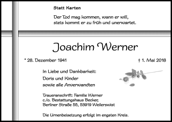 Anzeige von Joachim Werner von Kölner Stadt-Anzeiger / Kölnische Rundschau / Express