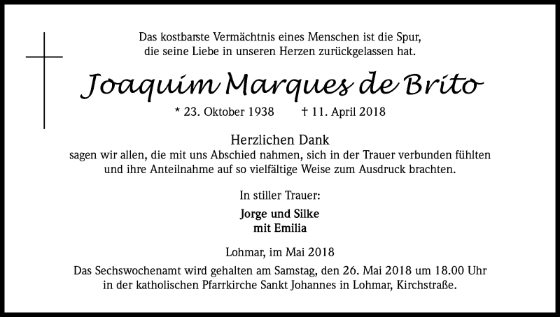  Traueranzeige für Joaquim Marques  de Brito vom 26.05.2018 aus Kölner Stadt-Anzeiger / Kölnische Rundschau / Express