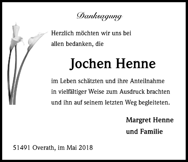  Traueranzeige für Jochen Henne vom 04.05.2018 aus Kölner Stadt-Anzeiger / Kölnische Rundschau / Express