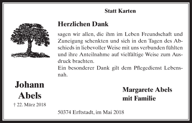  Traueranzeige für Johann Abels vom 16.05.2018 aus  Werbepost 