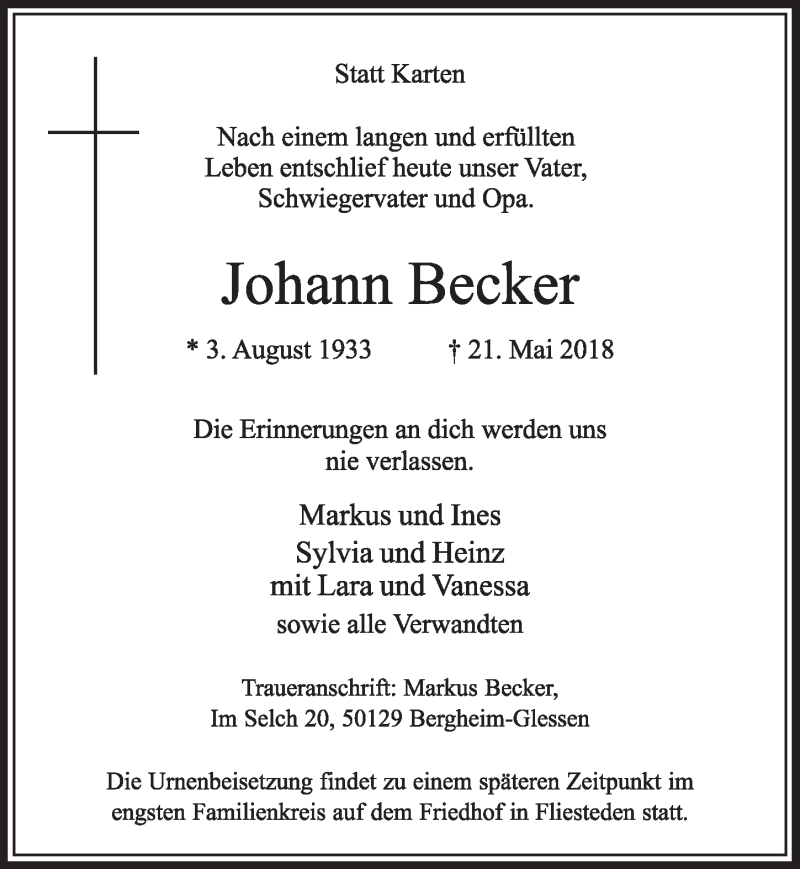  Traueranzeige für Johann Becker vom 26.05.2018 aus  Sonntags-Post 