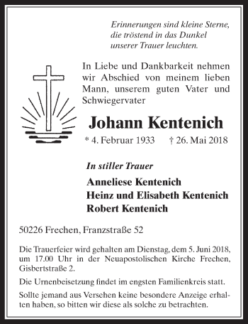 Anzeige von Johann Kentenich von  Wochenende 