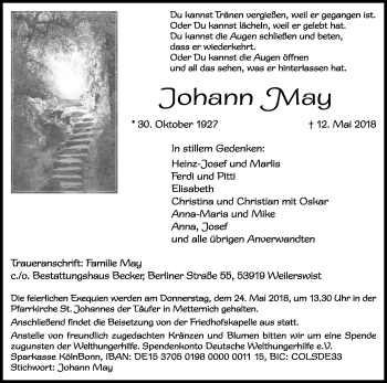 Anzeige von Johann May von Kölner Stadt-Anzeiger / Kölnische Rundschau / Express