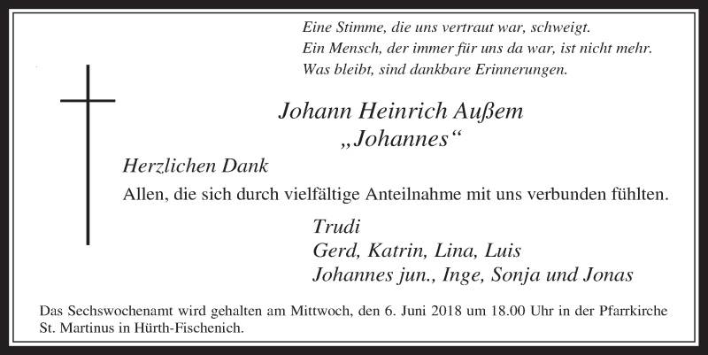 Traueranzeige für Johann Heinrich Außem vom 23.05.2018 aus  Wochenende 