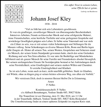 Anzeige von Johann Josef Kley von Kölner Stadt-Anzeiger / Kölnische Rundschau / Express