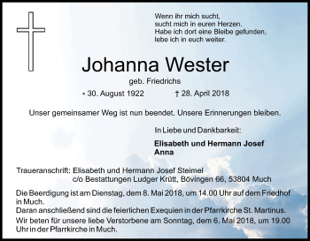 Anzeige von Johanna Wester von Kölner Stadt-Anzeiger / Kölnische Rundschau / Express