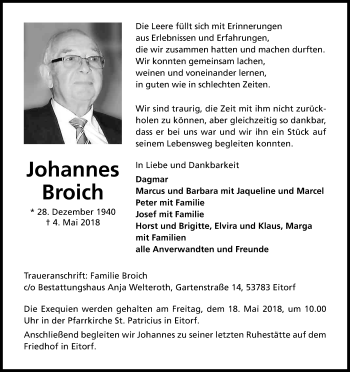 Anzeige von Johannes Broich von Kölner Stadt-Anzeiger / Kölnische Rundschau / Express