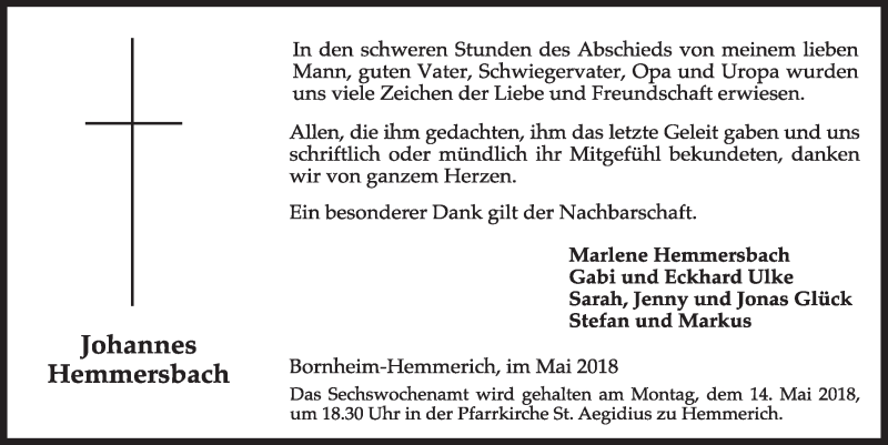  Traueranzeige für Johannes Hemmersbach vom 09.05.2018 aus  Schlossbote/Werbekurier 